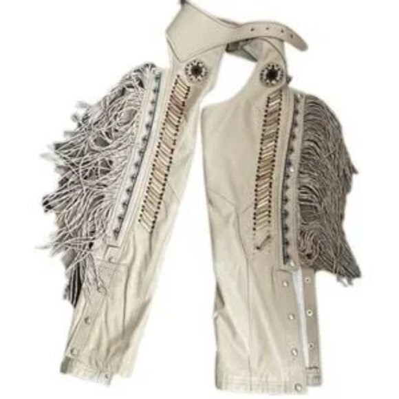 Real 100% Leather Tribe fringe pants festival motorcycle Native American chaps - Picture 12 of 16